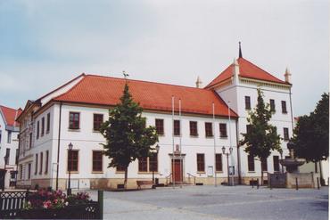 Blick aus Südwest über den Marktplatz auf das Rathaus im Sommer.